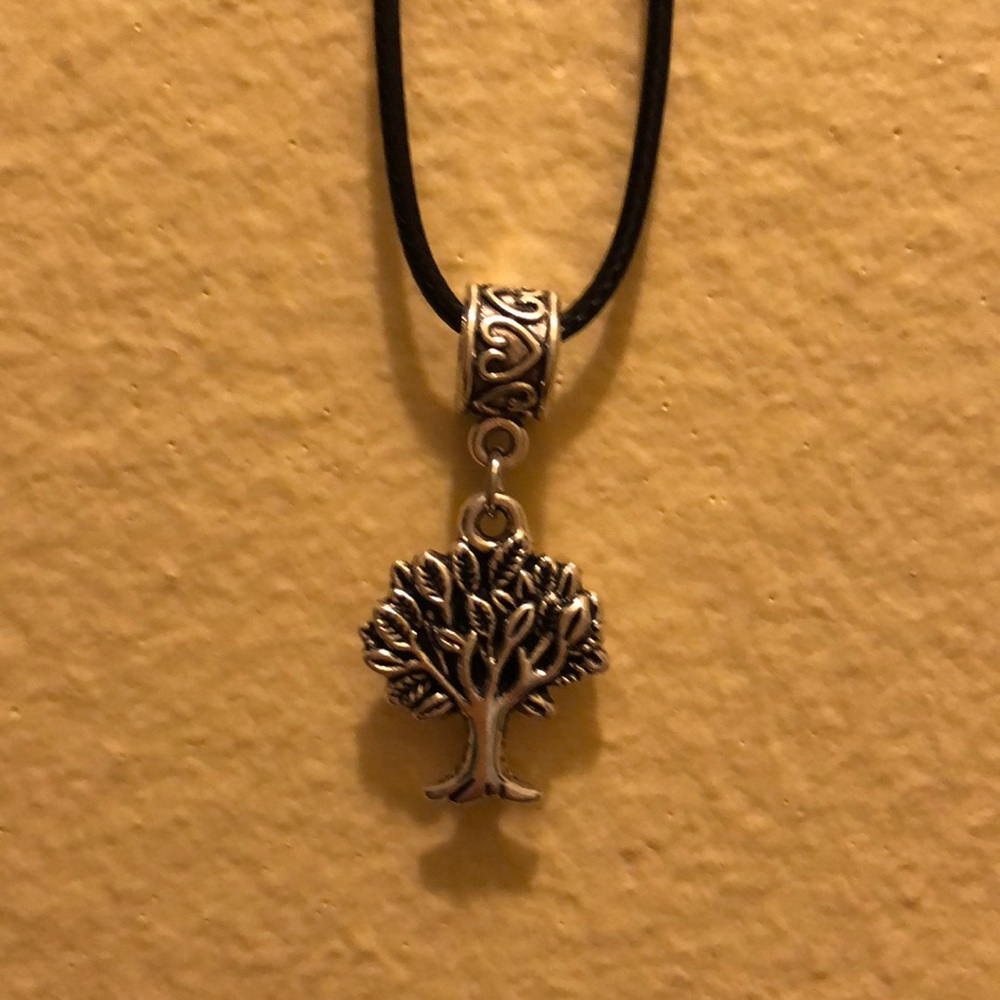 Tree Of Life Silver Color Necklace On a Black Cord - Picture 2 of 6
